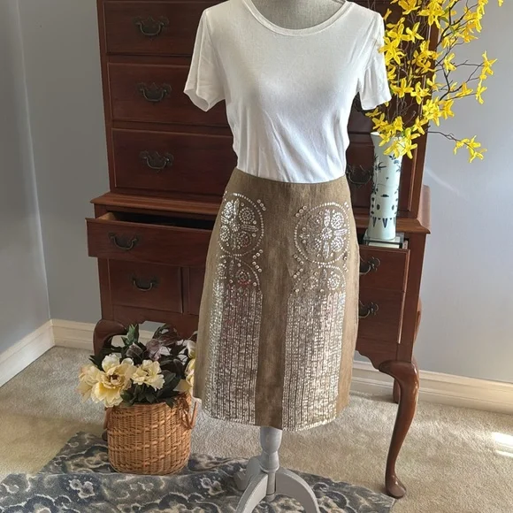 Tory Burch Tan Silver Sequin Pencil Skirt Size 10 - Picture 2 of 13